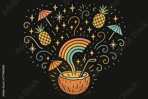 Enchanted Coconut Sparkles. Magical doodle vector design of a glowing coconut drink projecting rainbow doodle sparkles, pineapples