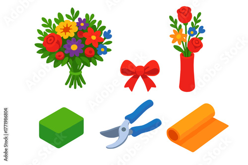 Colorful Floral Arrangement. Isometric vector illustration set Floral Arrangement: mixed bouquet, tall vase, tied ribbon, pruning