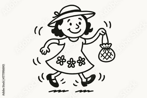 Joyful Fashion Ensemble. A doodle of a reticule hanging from a smiling lady’s arm, while her cheerful shoes, dress, and hat clap