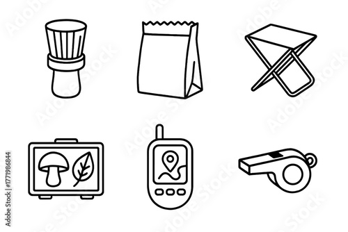 Foraging Tool Icons. Line style icons of Foraging Tools and Accessories: mushroom brush, wax paper bag, folding stool, specimen