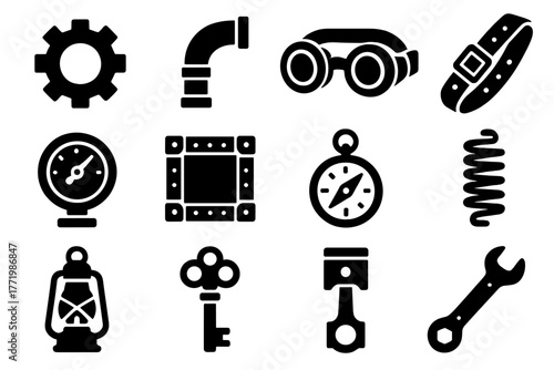 Steampunk Time Travel Icons. Solid style icons of steampunk time travel: brass gear, steam pipe, goggles, leather strap, pressure