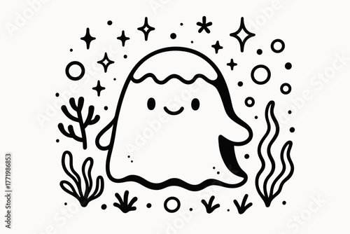 Mysterious Happy Creature. Charming doodle vector composition of a mysterious unknown creature with a cute happy face, surrounded