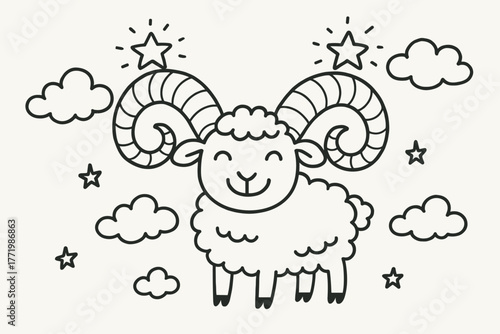 Smiling Ram Illustration. A doodle scene of falcate horns on a smiling ram, with little stars dancing on the tips and fluffy