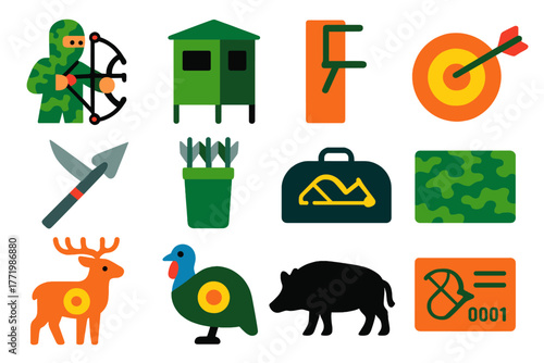 Hunting Archery Icons. Flat vector icons of hunting archery: camouflaged archer, hunting blind, tree stand, arrow in animal target