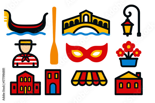 Venetian Gondola Icons. Flat vector icons of Romantic Gondola: Venice, gondola, oar, bridge, lantern, gondolier, water, arch, mask