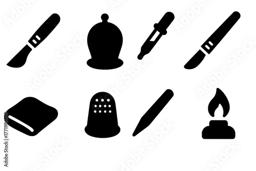 Early Dermatology Tools Icons. Solid style icons of early dermatological tools: Skin Scraper, Cupping Bell, Oil Dropper, Blade