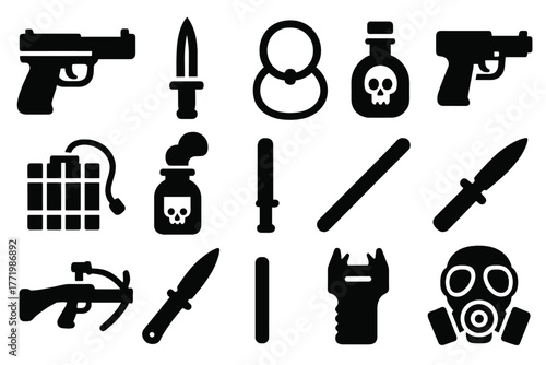 Covert Weapons Icons. Solid style icons of covert weapons: silenced pistol, dagger, garrote, poison vial, dart gun, explosive