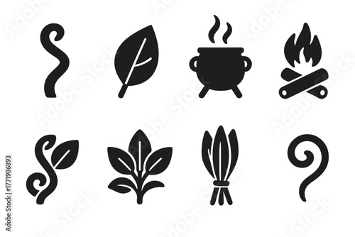 Plant Medicine Icons. Solid style icons of plant medicine representation: Ayahuasca Vine, Chacruna Leaf, Boiling Pot, Firewood