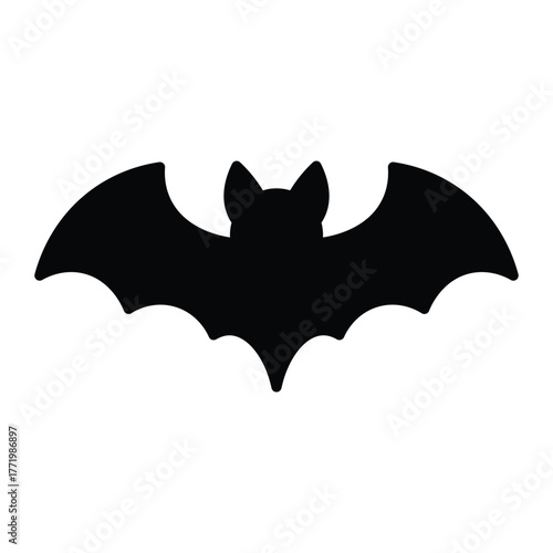 Bat vector icon. Black silhouette with spread wings in flat design for Halloween, night animal, or spooky decoration concept.