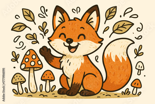 Cheerful Fox Among Mushrooms. Cheerful fox with a bushy tail, sitting among doodle mushrooms and waving leaves