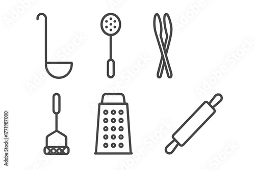 Cooking Utensil Icons. Line style icons of cooking utensils: ladle, slotted spoon, tongs, potato masher, grater, rolling pin. No