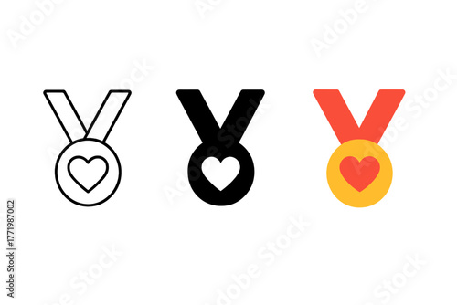 Heart Medal Icons. Minimalist like medal icon: three identical ribbon medals with heart symbols inside in a row, first in line