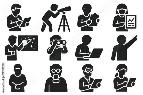 Astronomer Icon Set. Solid style icons of astronomers: scientist with notebook, stargazer with telescope, researcher with