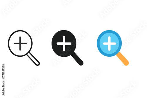 Triple Magnifier Variations. Minimalist zoom in icon: three identical magnifiers with a plus sign inside in a row, first in line