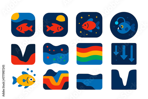 Ocean Zone Icons. Flat vector icons of deep ocean zones: epipelagic sunlight zone, mesopelagic twilight zone, bathypelagic