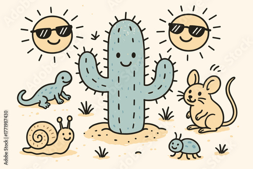 Smiling Desert Scene. A doodle illustration of a friendly cactus covered in glaucous powder, surrounded by cheerful desert