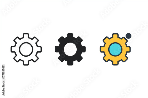 Minimalist Gear Icons. Minimalist zoom in icon: three identical magnifiers with a plus sign inside in a row, first in line style