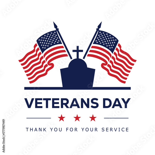 Veterans Day graphic featuring a soldier silhouette saluting over a US flag with a red banner text: VETERANS DAY. A patriotic vector design for honoring military service and American heroes.