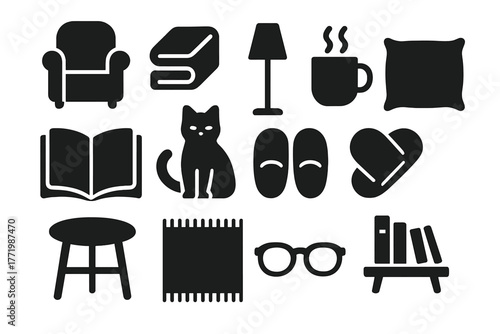 Cozy Reading Essentials. Solid style icons of cozy reading: armchair, blanket, floor lamp, steaming mug, open novel, cat, slippers