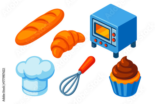 Colorful Pastry Icons. Isometric vector illustration set Pastry Bakery: baguette loaf, flaky croissant, metal oven, baker’s hat,