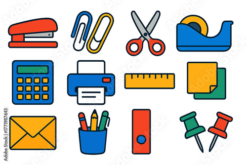 Vibrant Office Icons. Flat vector icons of office supplies: stapler, paper clips, scissors, tape dispenser, calculator, printer,