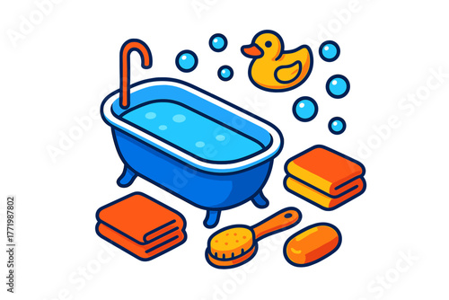 Bathhouse Relaxation Icons. Isometric vector illustration set Bathhouse Relaxation: classic bathtub, yellow rubber duck, floating