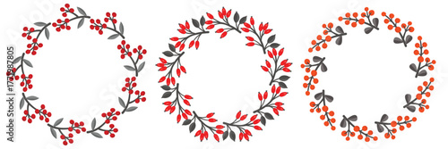 Berry frames round shape isolated on white background. Floral wreaths of twigs with various   fruits, leaves. Border set with cartoon botanical elements. Vector designs for banner or poster template.