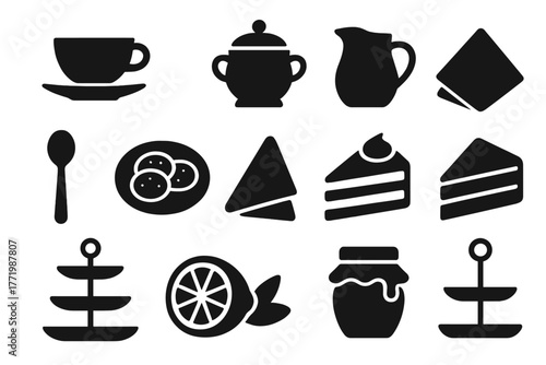 Tea Serving Icons. Solid style icons of tea serving: tea cup, saucer, sugar bowl, milk jug, teaspoon, biscuit plate, napkin, cake