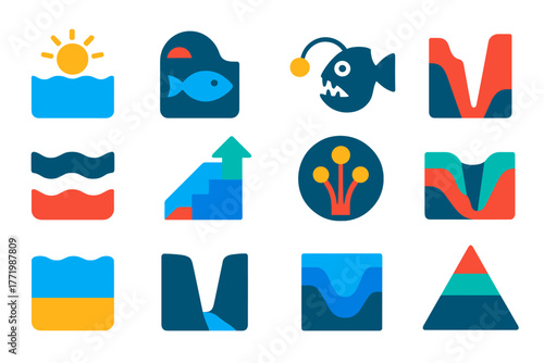 Ocean Zone Icons. Flat vector icons of deep ocean zones: epipelagic sunlight zone, mesopelagic twilight zone, bathypelagic