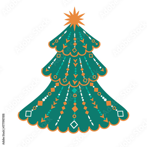 Christmas tree with folk ornaments isolated on white background. Cartoon object decorated with vertical bead garlands and star. Blue, yellow colors. Festive vector design for card, banner, poster.