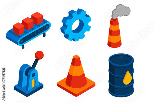Factory Icons Set. Isometric vector illustration set Factory Icons: conveyor belt, gear symbol, smoke stack with clouds,