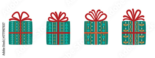 Gift wrapping boxes set with bows. Cartoon objects with folk ornaments. Festive packaging isolated on white background. Red, blue and yellow colors. Vector design for use in banner, card, pattern.