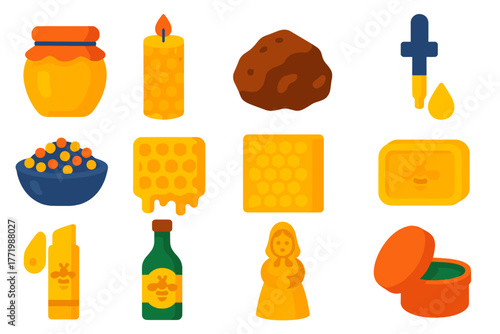 Hive Product Icons. Flat vector icons of hive products and byproducts: honey jar, beeswax candle, propolis chunk, royal jelly