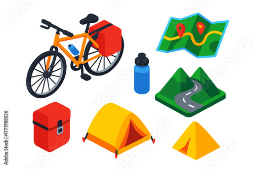 Bicycle Touring Adventure Icons. Isometric vector illustration set Bicycle Touring Adventure: touring bicycle, folded map, side