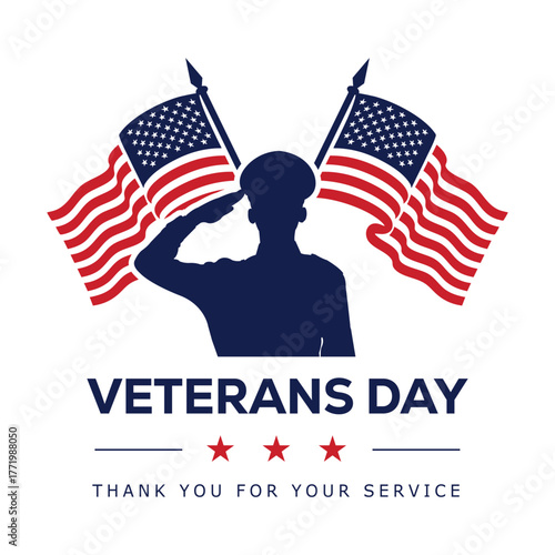 Veterans Day graphic featuring a soldier silhouette saluting over a US flag with a red banner text: VETERANS DAY. A patriotic vector design for honoring military service and American heroes.