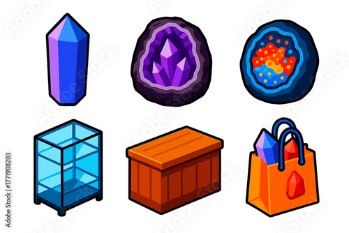 Vibrant Crystal Shop Display. Isometric vector illustration set Crystal Shop Display: quartz tower, amethyst geode, druzy geode,