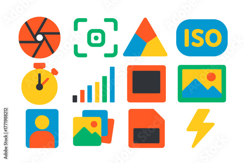 Bold Photography Icons. Flat vector icons of photography symbols: shutter icon, focus target, exposure triangle, ISO symbol, timer