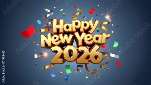 Happy New Year 2026 Golden Text with Colorful Confetti Explosion Celebration
