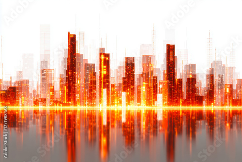 Futuristic cityscape with glowing skyscrapers reflected on water