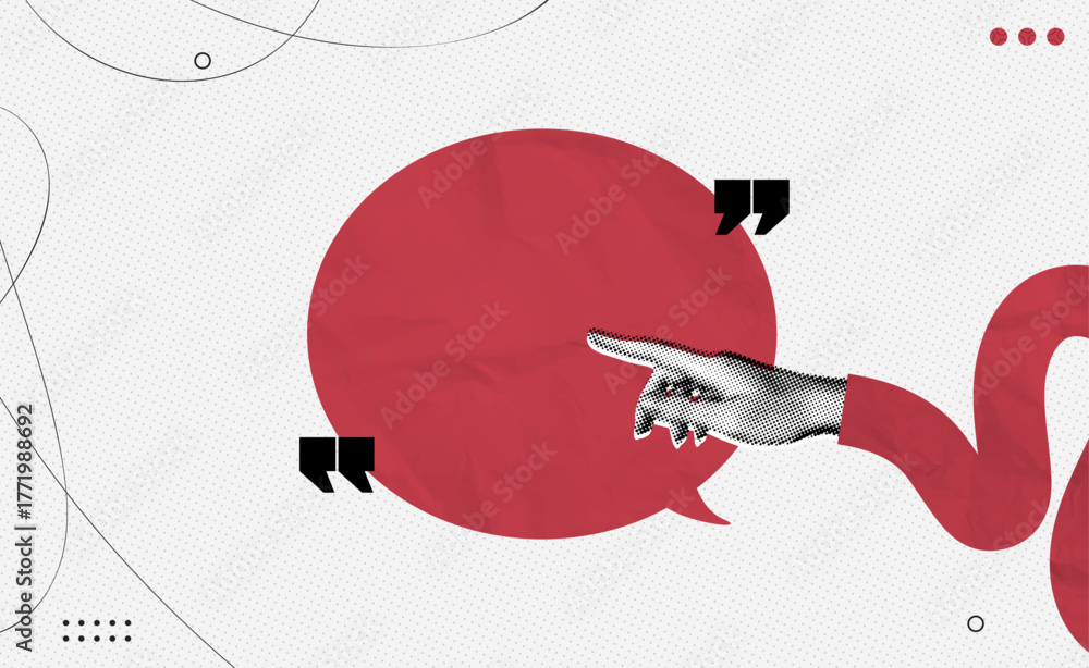 Naklejka premium Trendy Halftone Collage Hand showing empty space speech bubble. Social media communication. Red message box. Empty space for quote, plan and idea. Contemporary vector illustration art