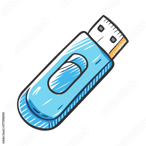 Hand drawn vector illustration of a blue usb flash drive icon