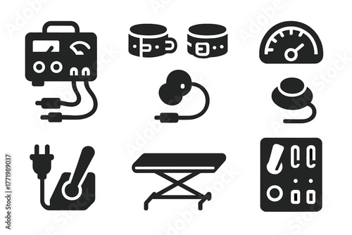 Vintage Shock Therapy Icons. Solid style icons of vintage shock therapy equipment: Electroshock Machine, Leather Restraints,