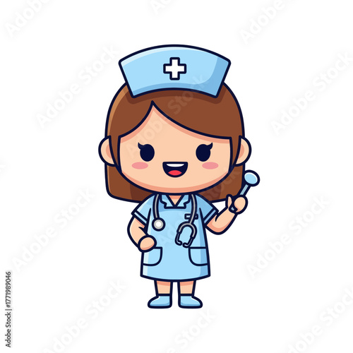 A cute cartoon illustration of a smiling nurse wearing a blue uniform and a stethoscope.