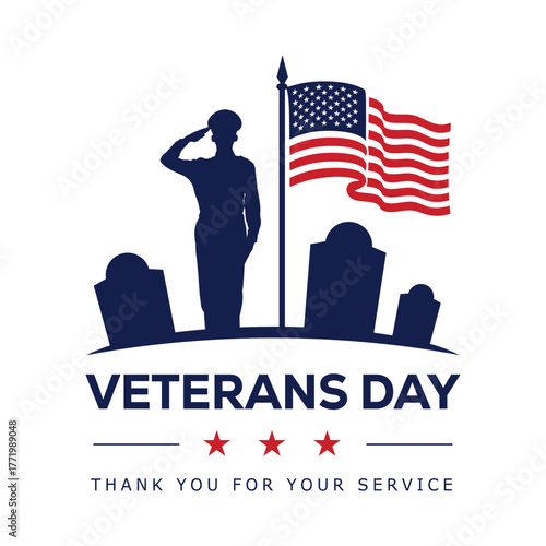 Veterans Day graphic featuring a soldier silhouette saluting over a US flag with a red banner text: VETERANS DAY. A patriotic vector design for honoring military service and American heroes.