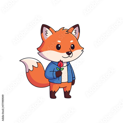 A cute cartoon fox character wearing a blue jacket and holding a single red rose.
