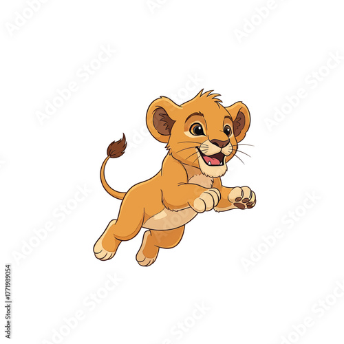Cute cartoon lion cub with a happy expression jumping playfully.