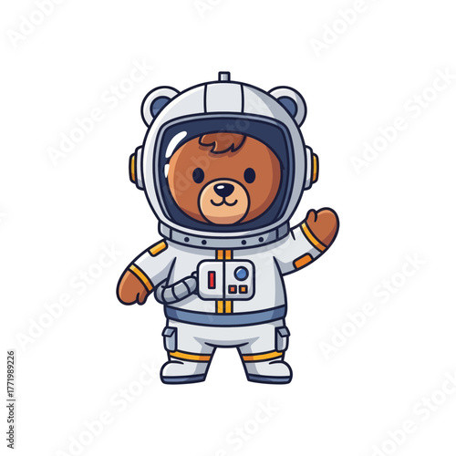 A cute cartoon bear dressed in a white astronaut suit waves hello.