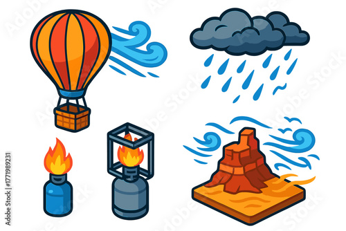 Extreme Balloon Adventure. Isometric vector illustration set Extreme Balloon Ride: striped tall balloon, sturdy basket, large