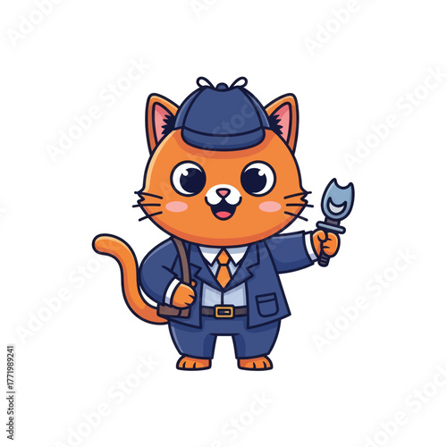 A cute cartoon ginger cat dressed as a detective, holding a magnifying glass and wearing a blue coat and hat.