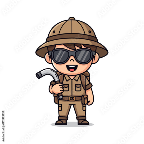 A cute cartoon explorer wearing a pith helmet and sunglasses, holding a sickle, ready for an adventure.